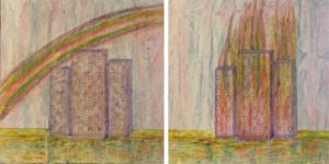 "Città 1 e 2" - tecnica mista su tel ariclico, pastello e biro 50x50cm 2017